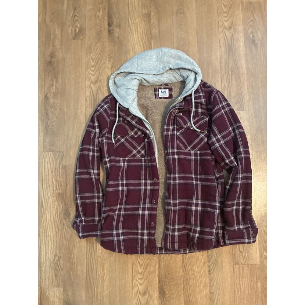 Lee Workwear Mens Medium Burgundy Plaid Sherpa Lined Hooded Flannel Jacket